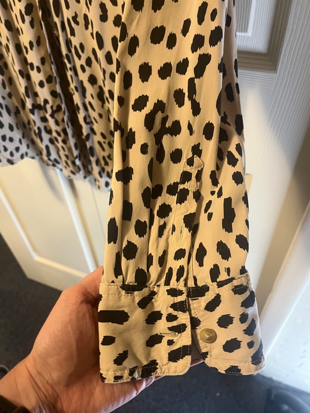 Chico's Taupe and Black Dotted Button-Front Blouse - Picture 4 of 5